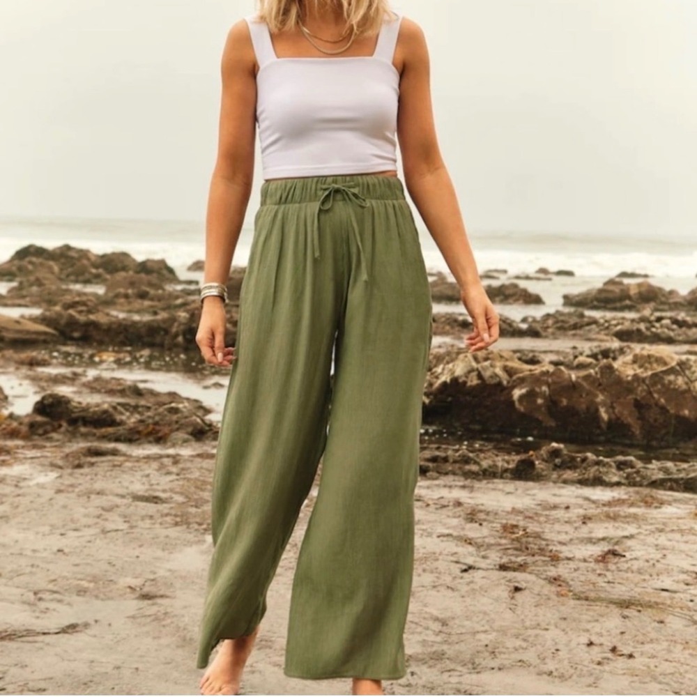 Abercrombie & fitch crinkle textured gauze olive green pull on wide leg pants L - Picture 1 of 8